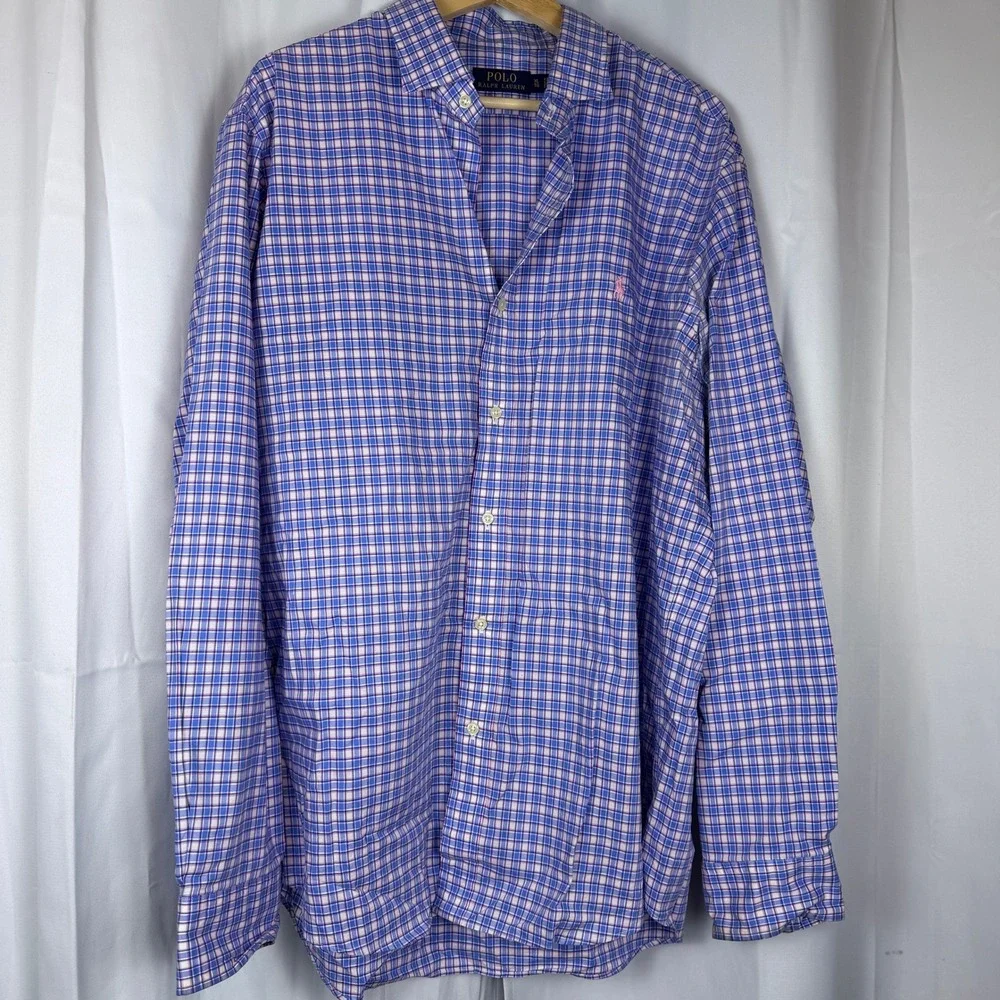 Polo Ralph Lauren Mens XL Plaid Button Down Shirt Blue Pink White Long Sleeve